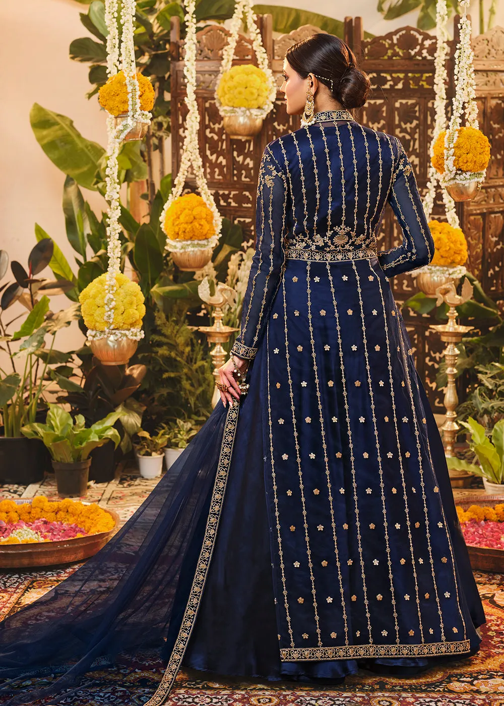 Beautiful Navy Blue Embroidered Lehenga & Jacket Style Anarkali