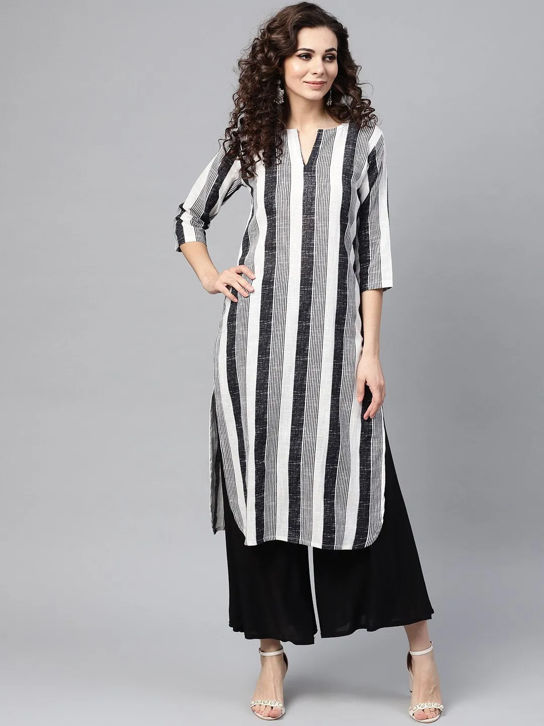 Black & White Striped Printed 3/4Th Sleeve Cotton Kurta