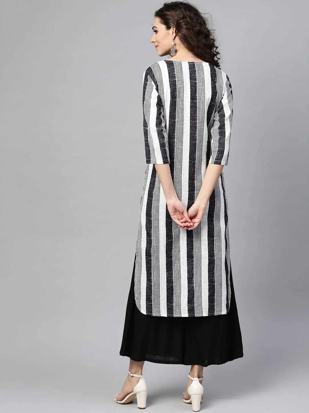 Black & White Striped Printed 3/4Th Sleeve Cotton Kurta