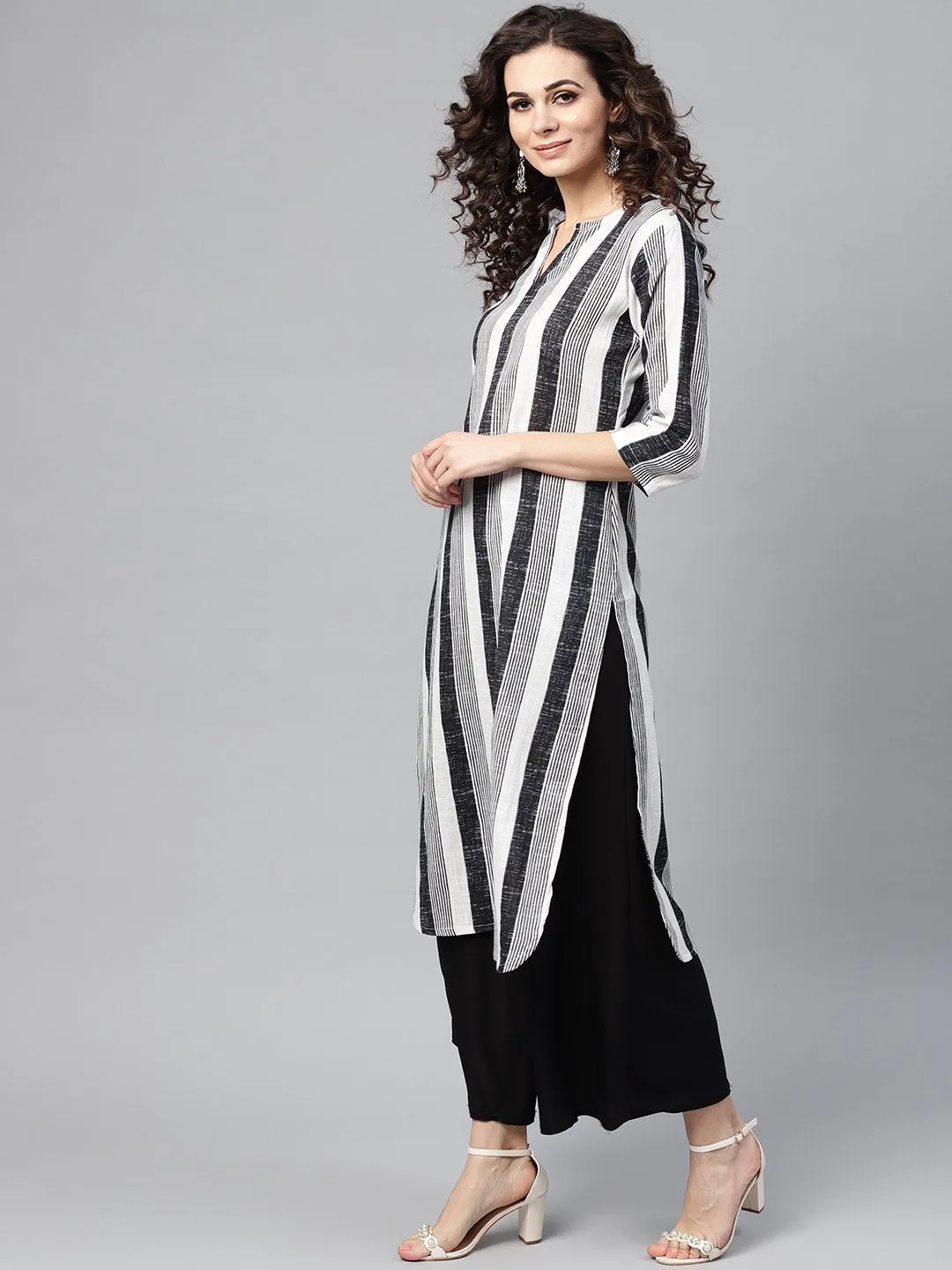 Black & White Striped Printed 3/4Th Sleeve Cotton Kurta