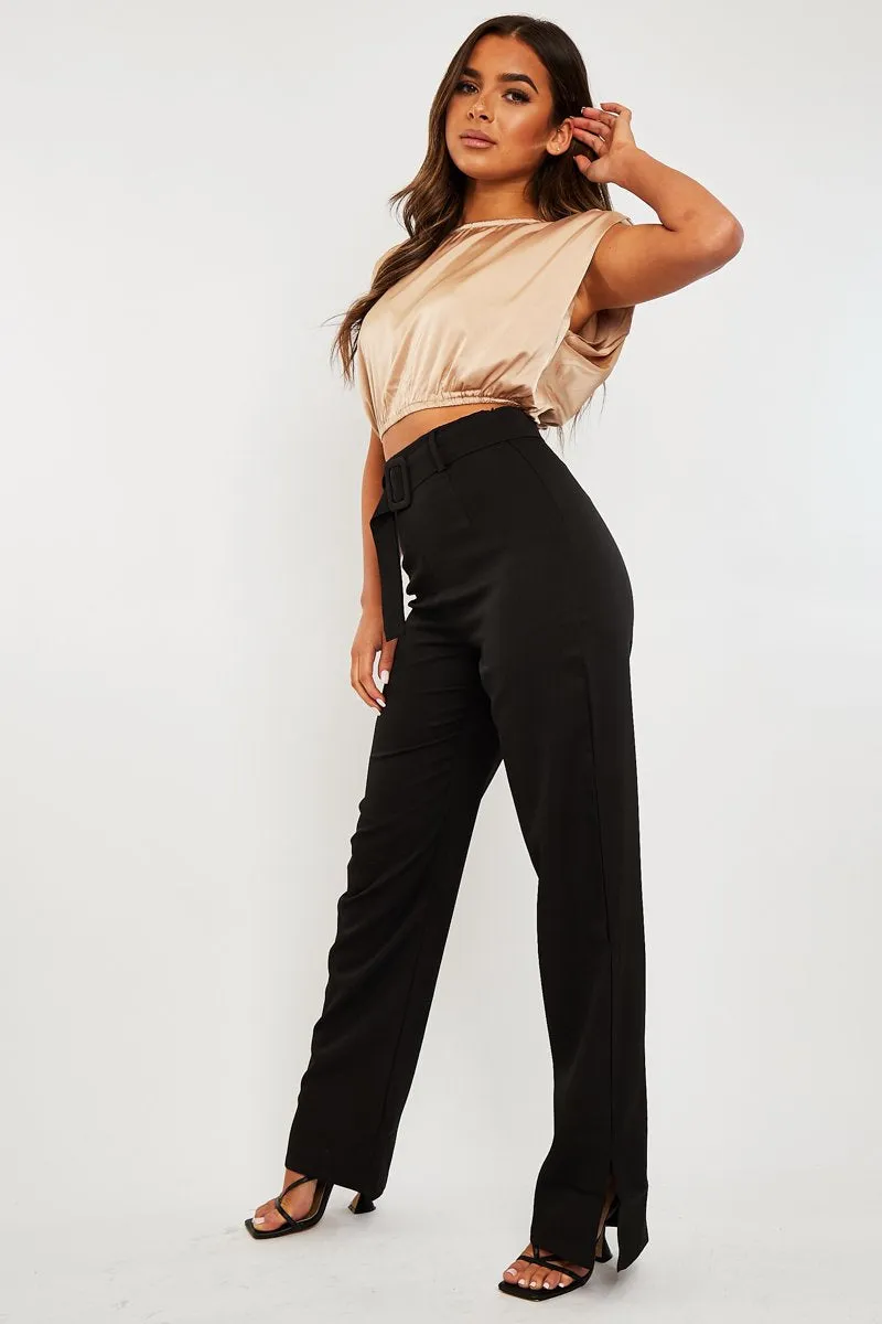 Black Belted Waist Wide Leg Trouser - Kaena