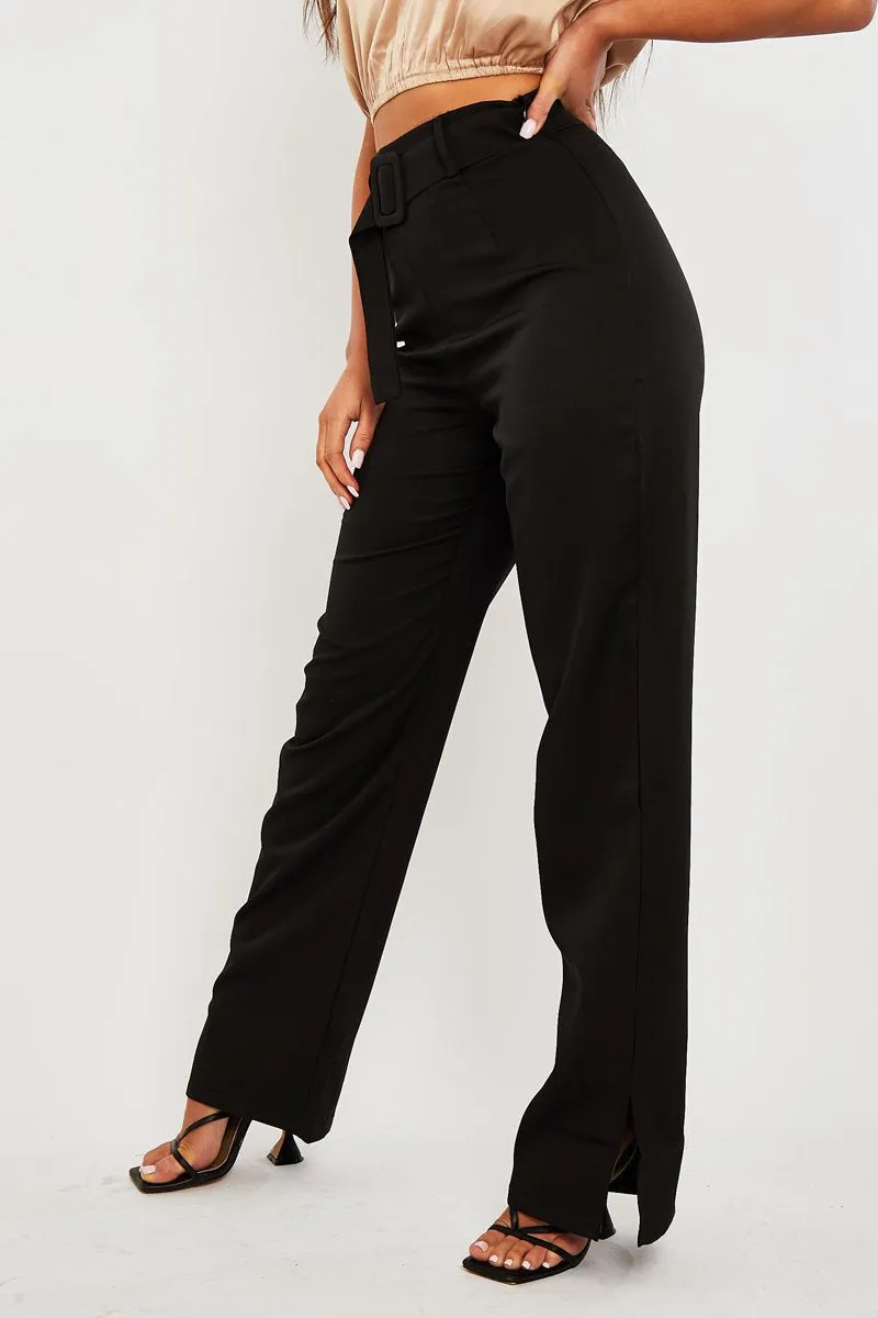 Black Belted Waist Wide Leg Trouser - Kaena