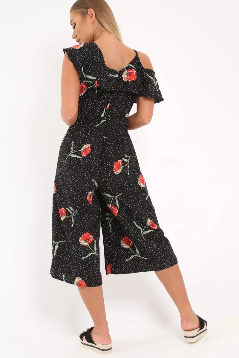 Black Polkadot Floral Asymmetrical Jumpsuit -Marion