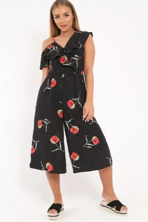 Black Polkadot Floral Asymmetrical Jumpsuit -Marion