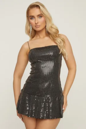 Black Sequin Pleated Hem Strappy Mini Dress - Kimberley