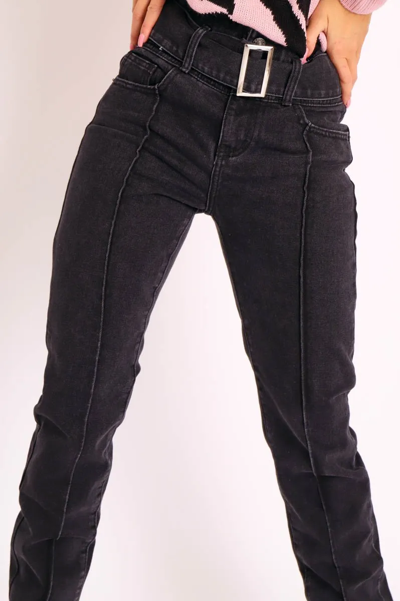 Black Wash Belted Straight Leg Jeans - Crosley