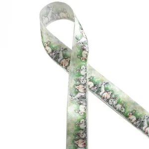 Bunny Ribbon, Watercolor rabbit design on 7/8" White Single Face Satin