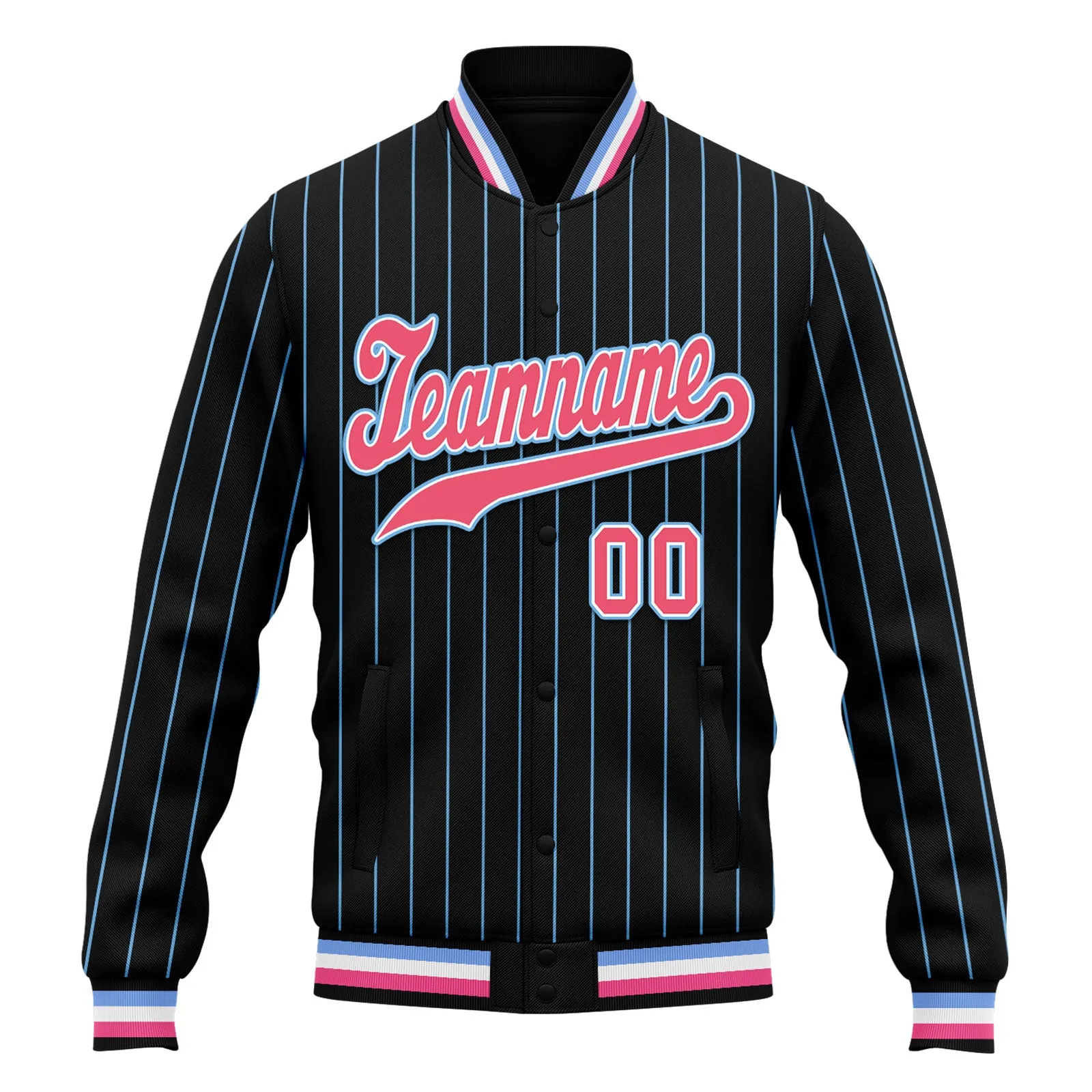 Custom Black Blue Stripe Fashion Jacket Bomber Full-Snap Varsity Letterman Personalized Jacket FZ005-D020219-30