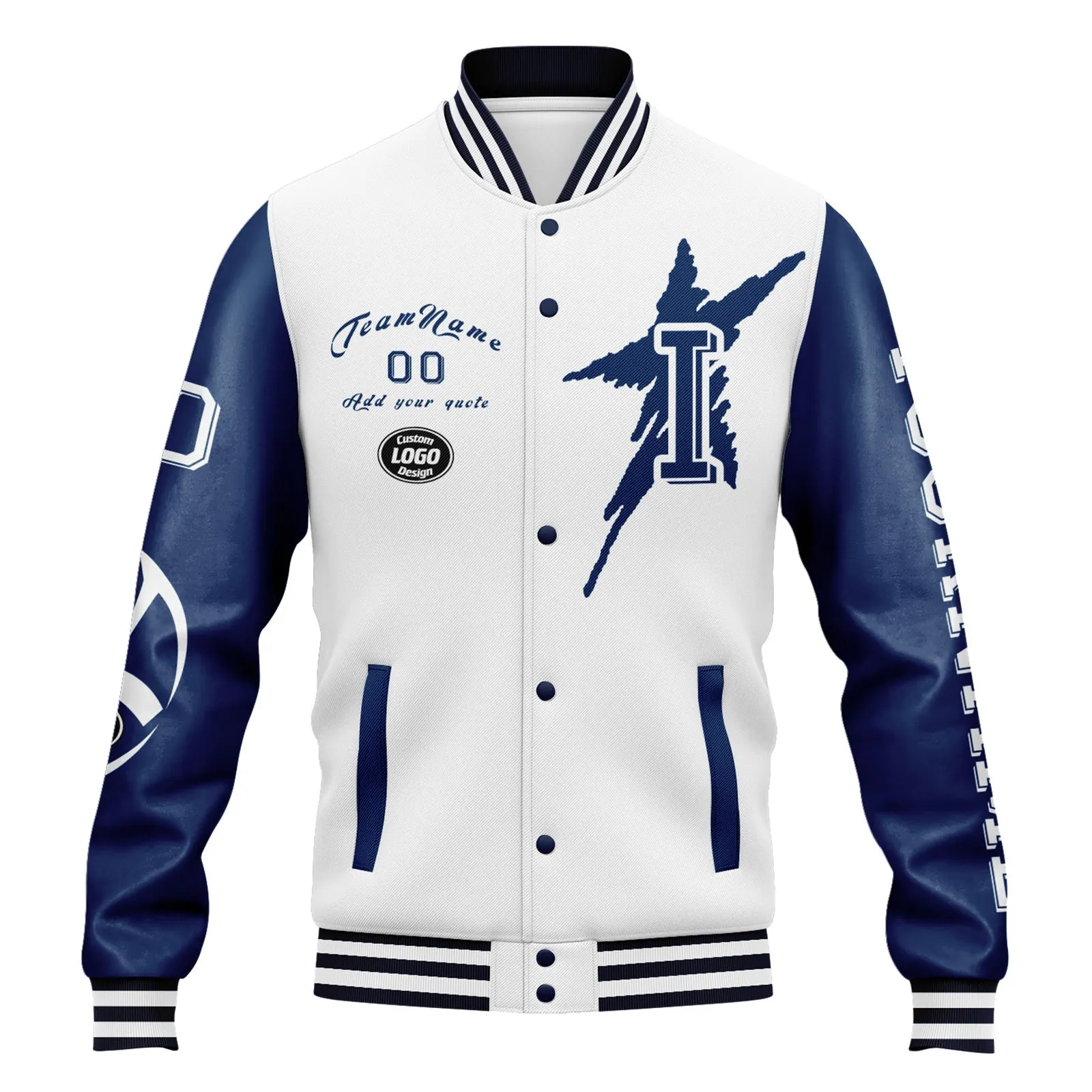 Custom White Blue Indianapolis Jacket Bomber Full-Snap Varsity Letterman Personalized Jacket FZ005SX-D020290-14