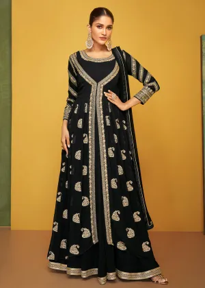 Dazzling Black Chinon Fabric Jacket Style Designer Anarkali Gown