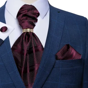 DiBanGu Ascot Tie Purplish Red Silk Cravat Woven Ascot Tie Pocket Square Cufflinks With Tie Ring Set