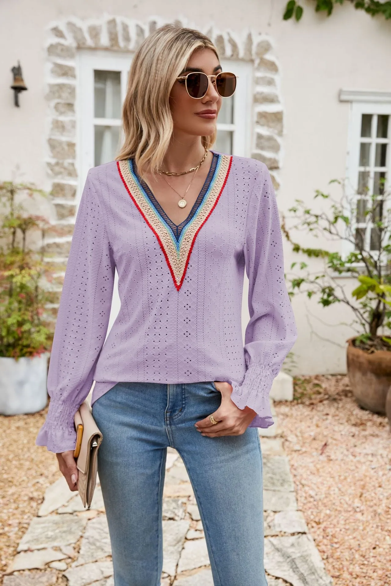 Double Rainbow V-Neck Boho Long Sleeve Knit Blouse | 7 Colors