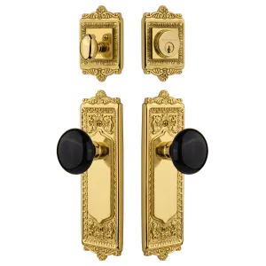 Egg & Dart Entry Set with Black Porcelain Knob in Polished Brass