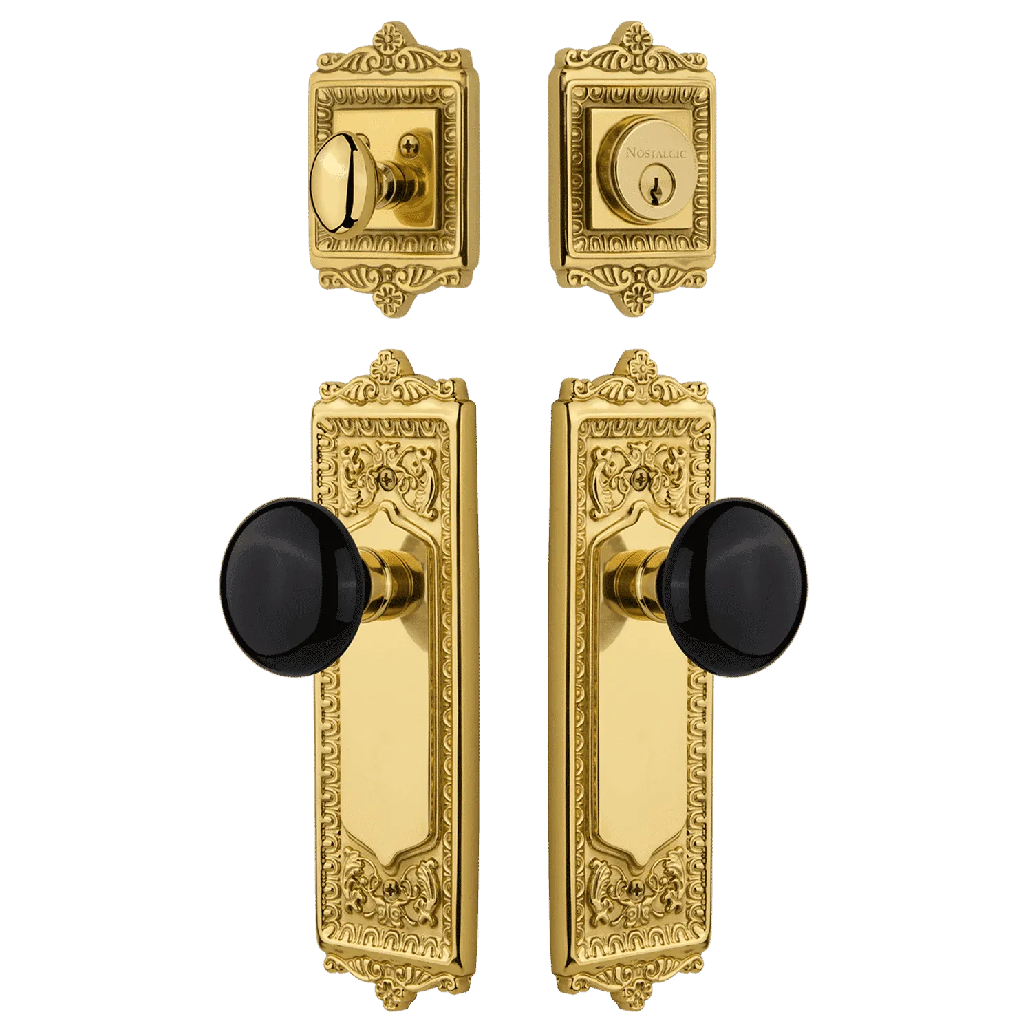 Egg & Dart Entry Set with Black Porcelain Knob in Polished Brass