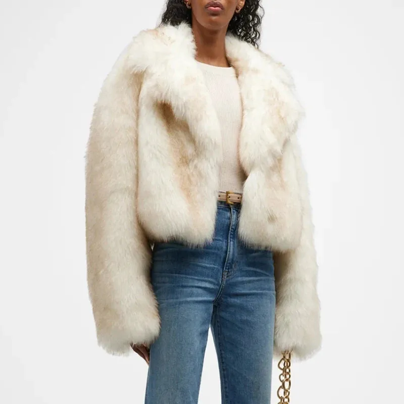 Gradient Cropped Fluffy Fur Jacket Chic Thicken Faux Fox Fur Outerwear