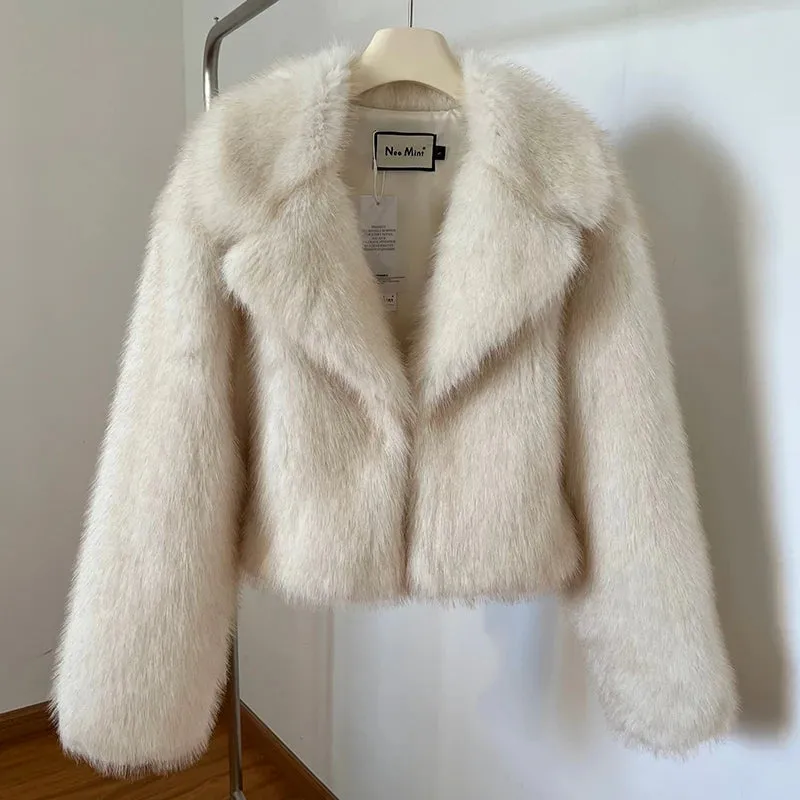 Gradient Cropped Fluffy Fur Jacket Chic Thicken Faux Fox Fur Outerwear