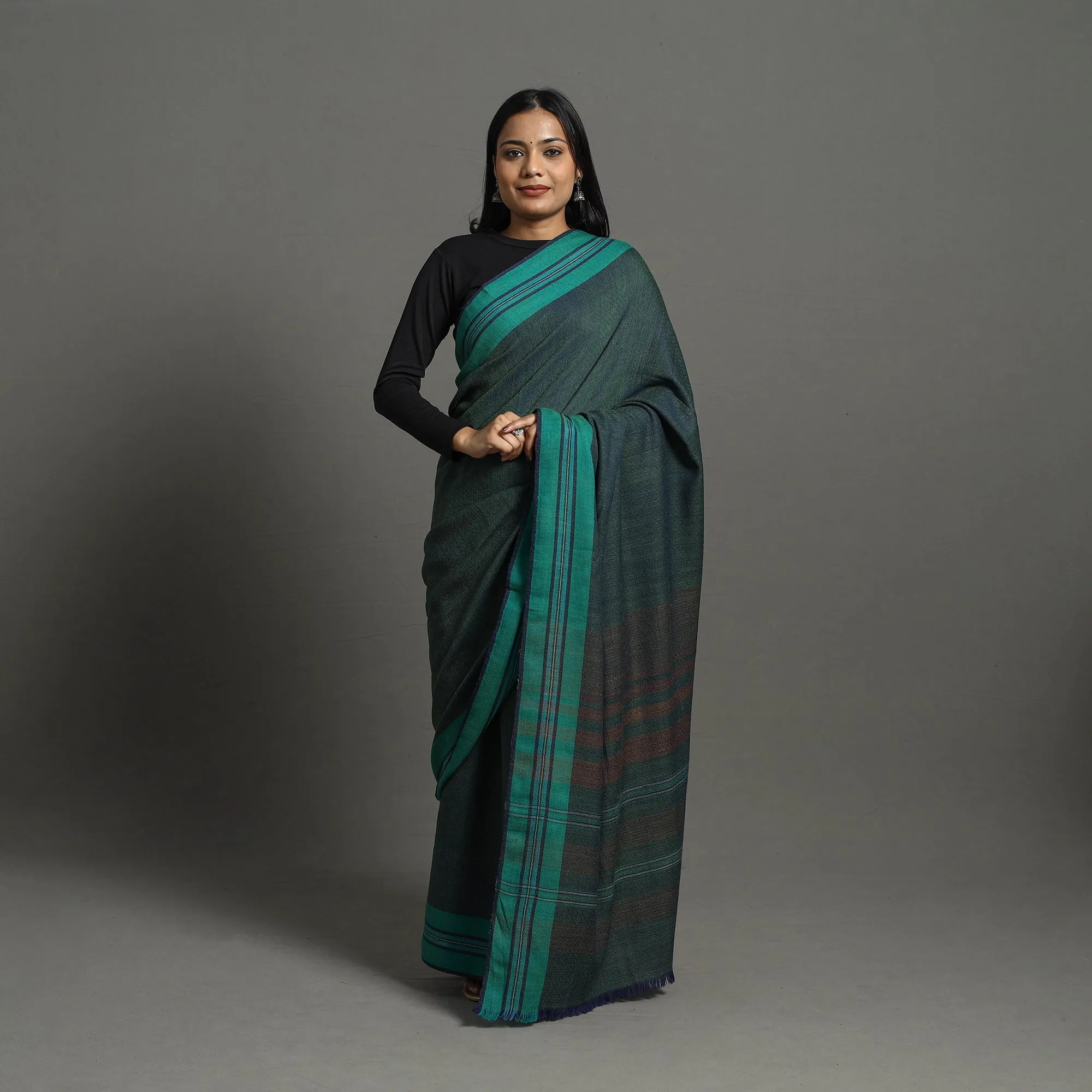 Green - Kumaun Handwoven Pure Merino Woolen Saree 11