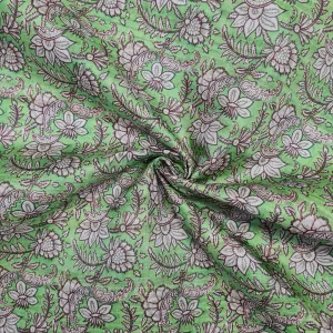 Green With Cream Floral Print Dobby TUsser Silk Fabric