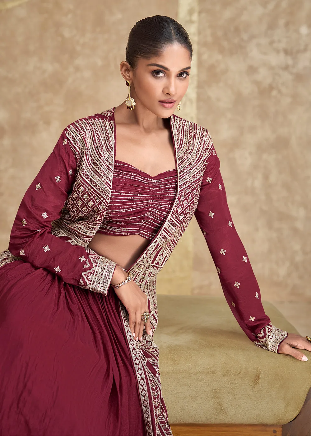 Jacket Style Maroon Embroidered Festive Lehenga Choli