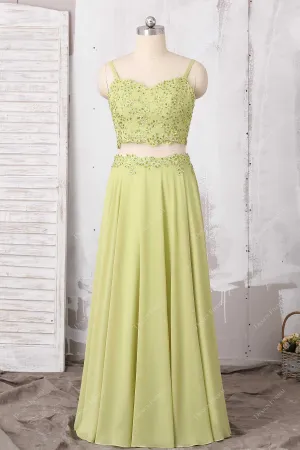 Lime Green Beads Lace Chiffon Two-Piece Dress