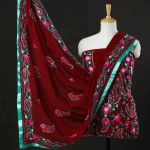 Maroon - 3pc Phulkari Embroidery Chapa Work Georgette Suit Material Set 53