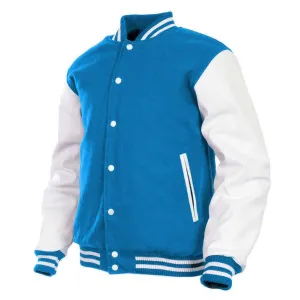 Men’s Varsity Jacket Faux Leather Sleeve and Wool Body Sky Blue/White