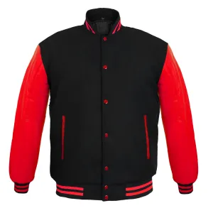 Men's Varsity Jackets Genuine Leather Sleeve And Wool Body Black/Red