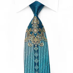 Mila Schon Men's Crystal Silk Necktie Gold Cartouche & Vertical Stripes On Blue With Sparkles