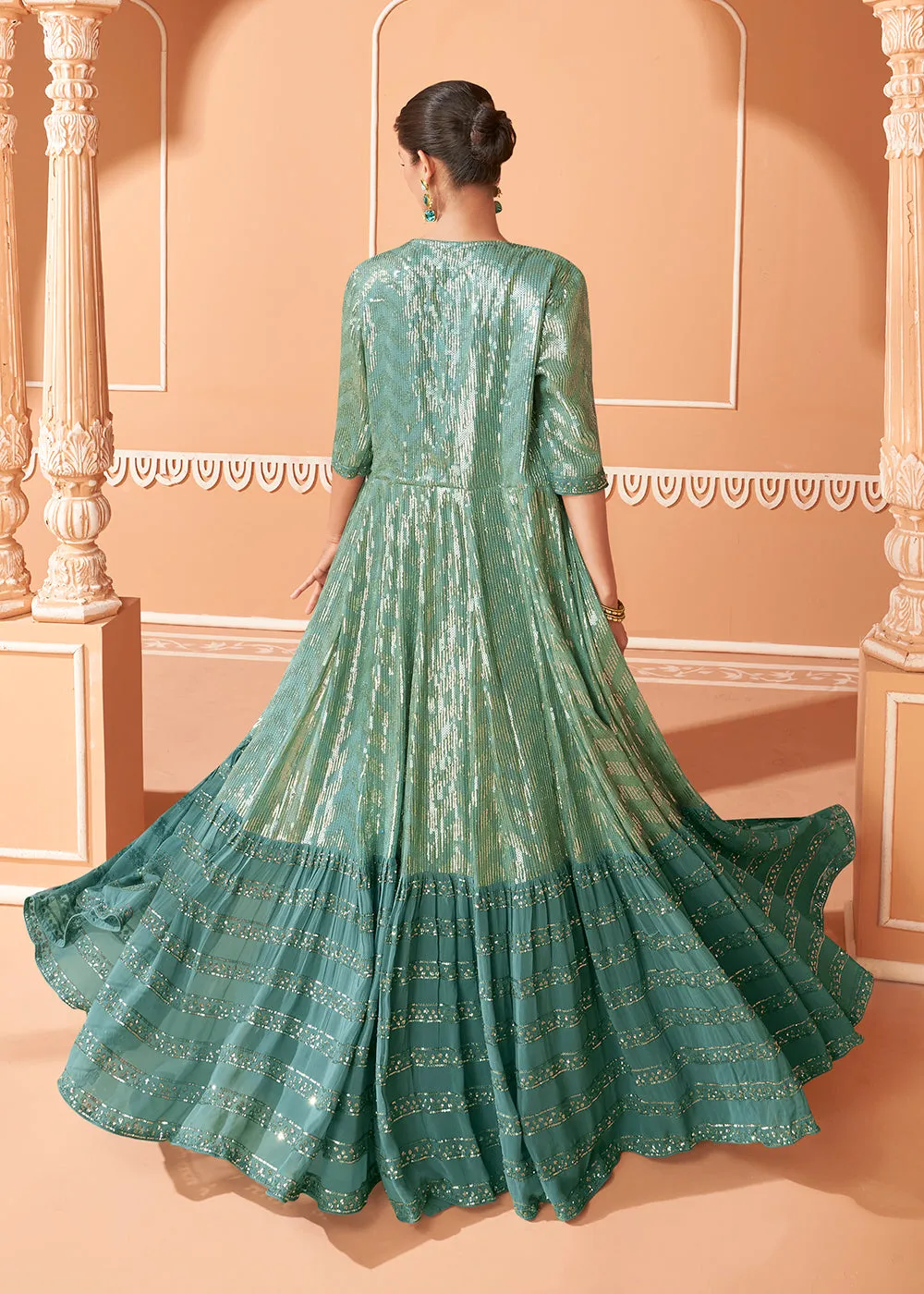 Mint Teal Embroidered Chinnon Jacket Style Lehenga Choli