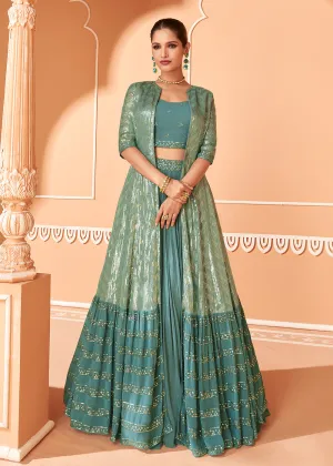 Mint Teal Embroidered Chinnon Jacket Style Lehenga Choli