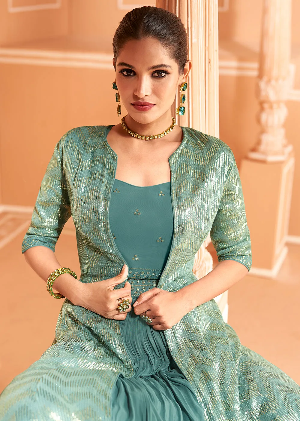 Mint Teal Embroidered Chinnon Jacket Style Lehenga Choli