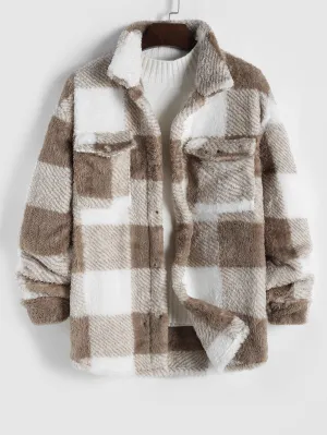 NEW Plaid Pattern Flap Pocket Design Fluffy Jacket