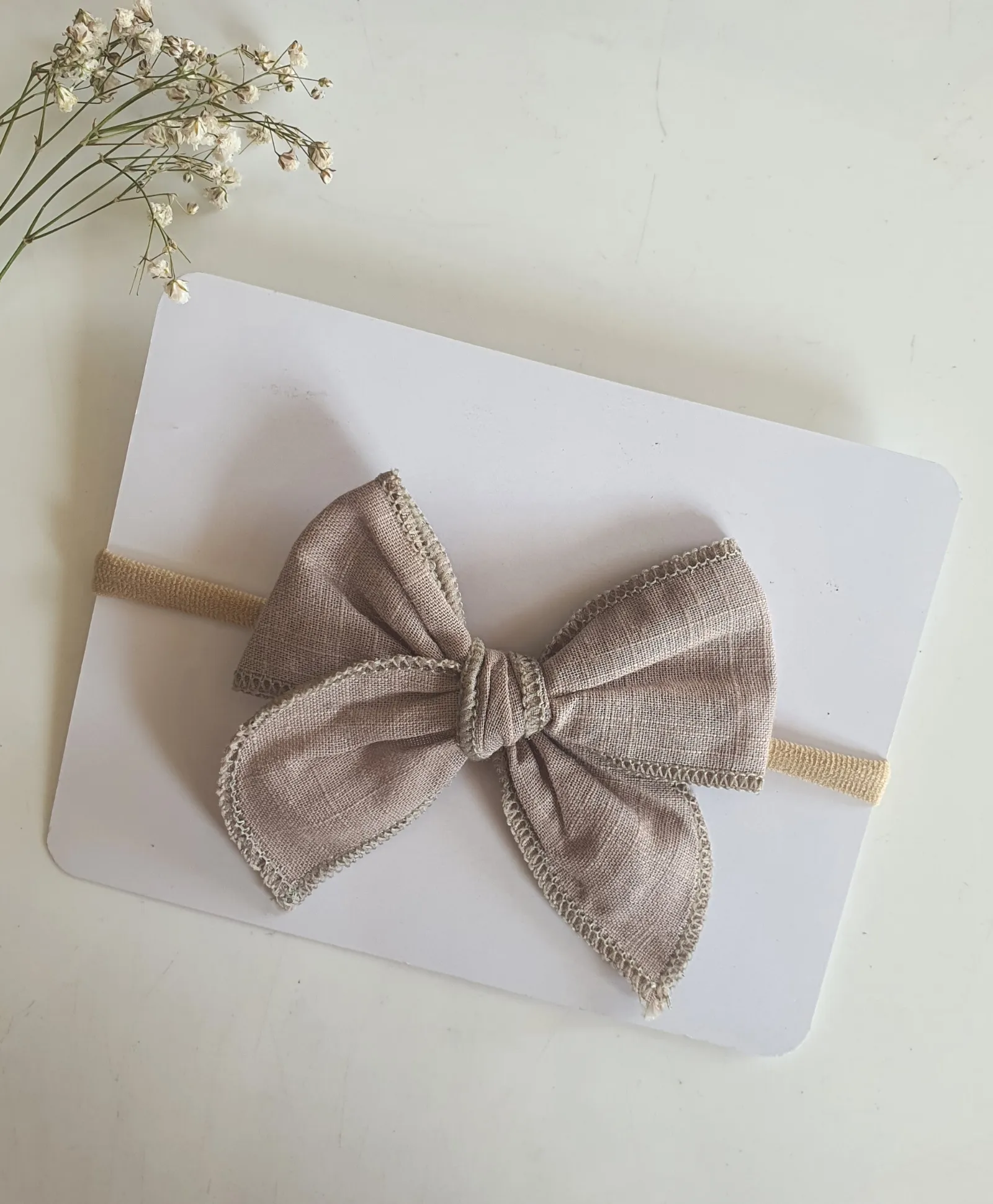 Newborn Linen Knit Bow Headband- Khaki