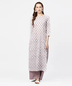 Off White Printed 3/4Th Sleeve Straight Kurta With Striped Regular Fit Palazzo