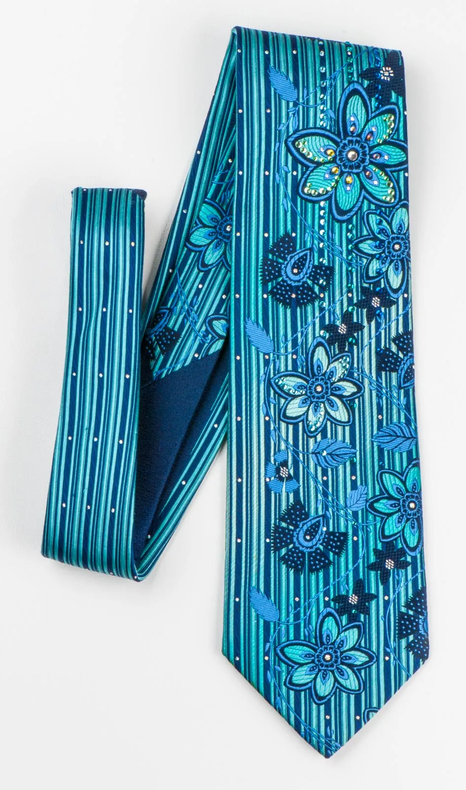 Pierre Cardin Mens Rhinestone Tie Blue Floral Design On Turquoise With Sparkles