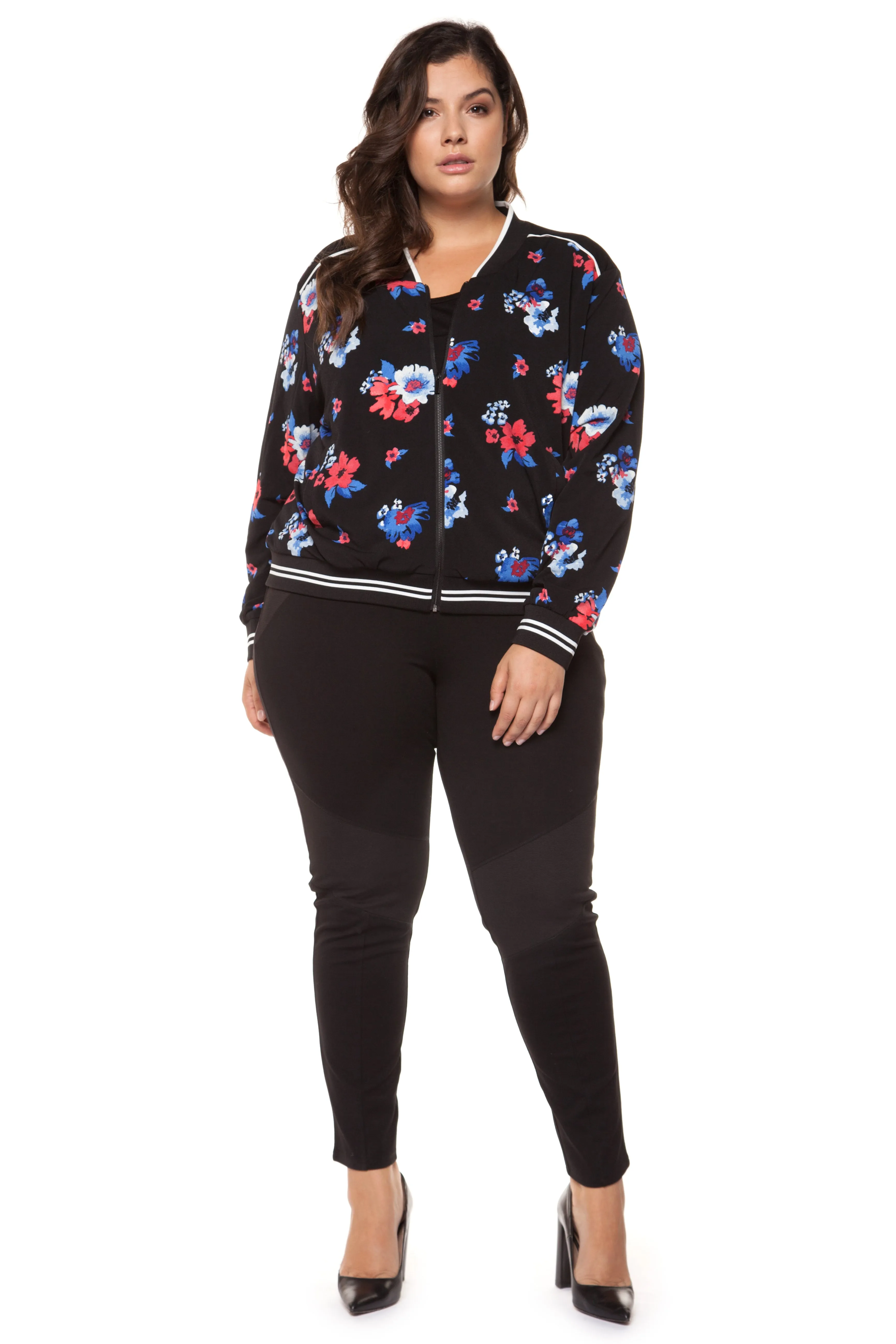 Plus Size Black Floral Printed Bomber Jacket