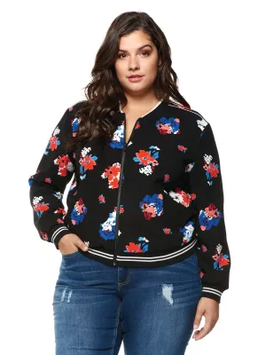 Plus Size Black Floral Printed Bomber Jacket