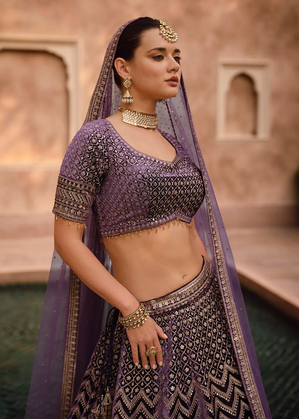 Purple Pure Viscose Lycra Silk Embroidered Bridal Lehenga Choli