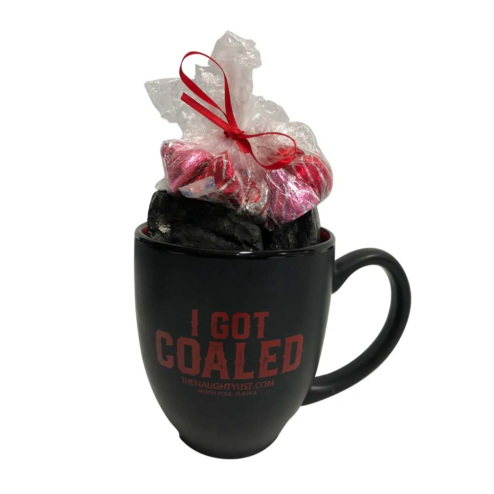 "I Got Coaled" Black Coffee Mug/Red Inner Finish Gift Set with Coal & Hershey Kisses