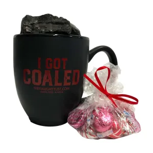 "I Got Coaled" Black Coffee Mug/Red Inner Finish Gift Set with Coal & Hershey Kisses