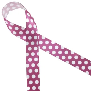 Raspberry ribbon with white polkadots on 7/8" white single face satin