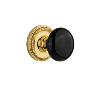 Rope Rosette with Black Porcelain Knob in Polished Brass