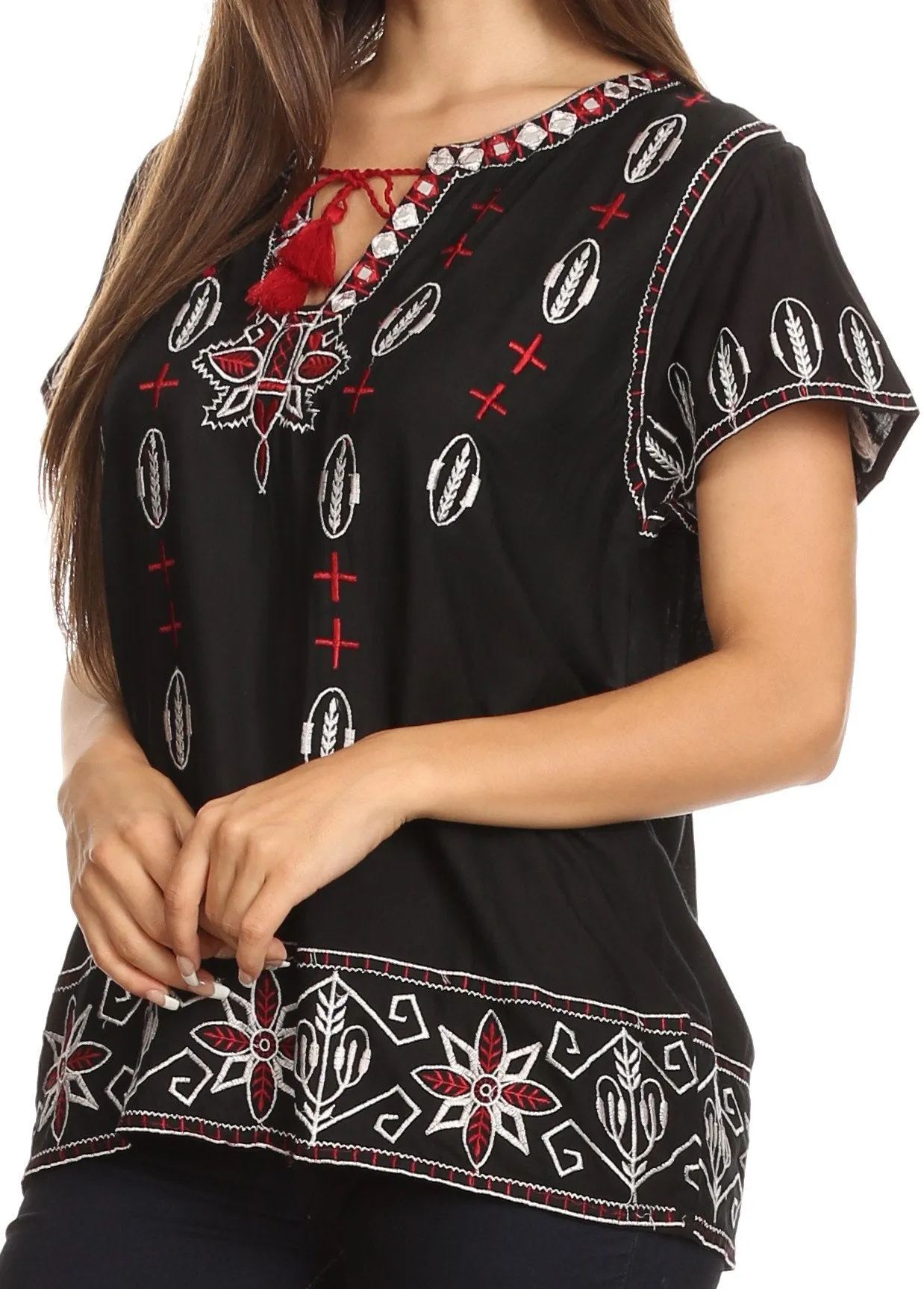 Sakkas Jile Wide Boxy Embroidered Short Sleeve Tassel Tie Top Shirt Tunic Blouse