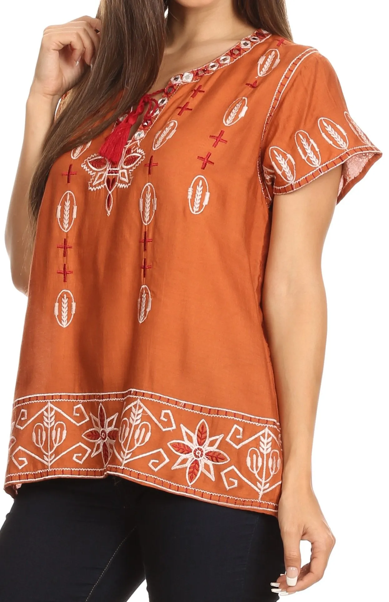 Sakkas Jile Wide Boxy Embroidered Short Sleeve Tassel Tie Top Shirt Tunic Blouse