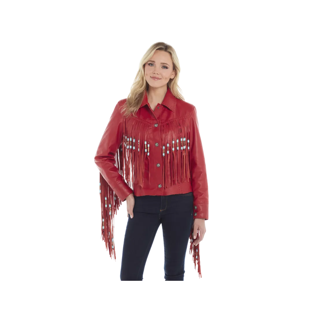 Sidran Women's Hand Laced Snap Front Nappa Beading And Bone Pipe Fringe Accents Cardinal Jacket