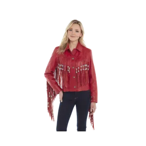 Sidran Women's Hand Laced Snap Front Nappa Beading And Bone Pipe Fringe Accents Cardinal Jacket