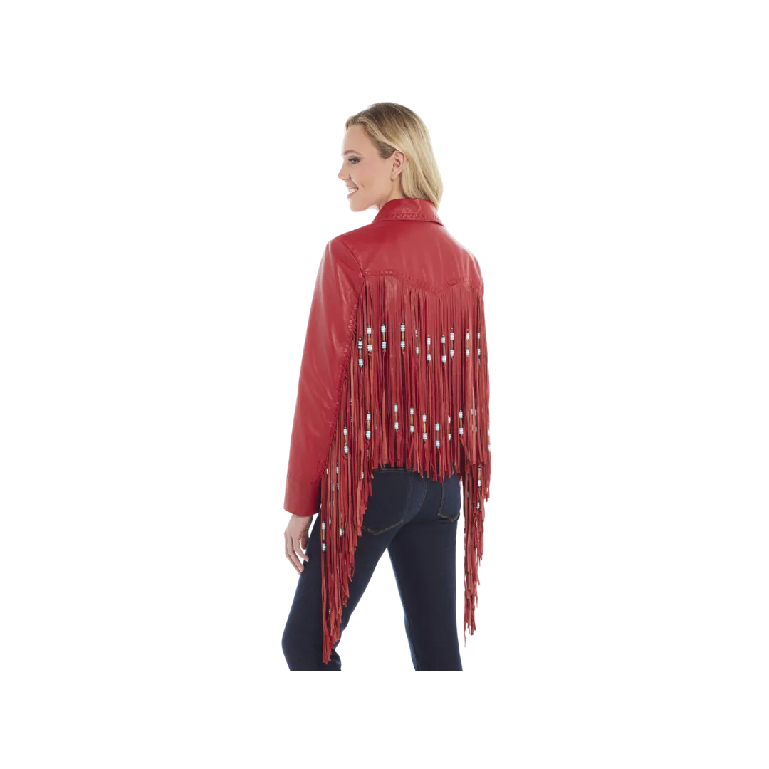 Sidran Women's Hand Laced Snap Front Nappa Beading And Bone Pipe Fringe Accents Cardinal Jacket