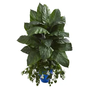 Spathifyllum & Bougainvillea Artificial Plant in Blue Planter