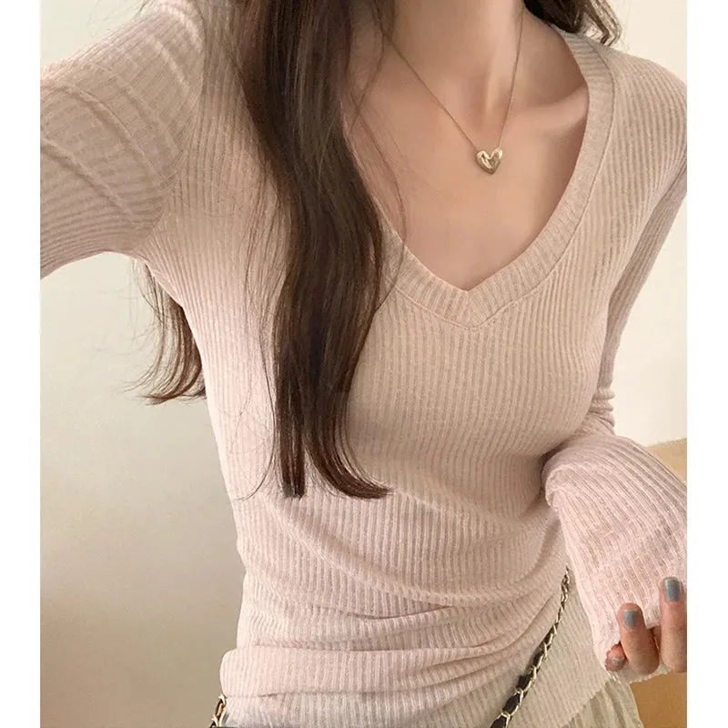 Summer Black Basic V-neck Chic Knitting Casual Women Pullovers New Fashion Striped Solid Color Simple Slim Sexy Female Pullovers