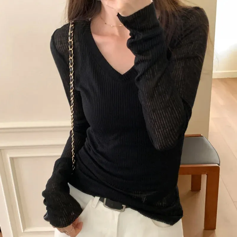 Summer Black Basic V-neck Chic Knitting Casual Women Pullovers New Fashion Striped Solid Color Simple Slim Sexy Female Pullovers